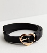 New Look Black Leather-Look Gold Heart Buckle Belt